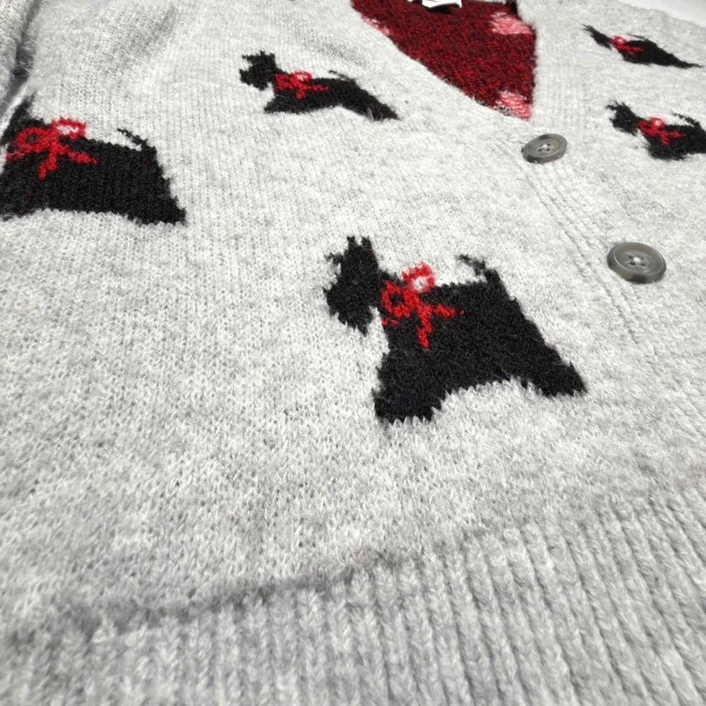 Cupcakes and Cashmere Scottie Dog Cardigan Sweater Women's Medium Gray Knit